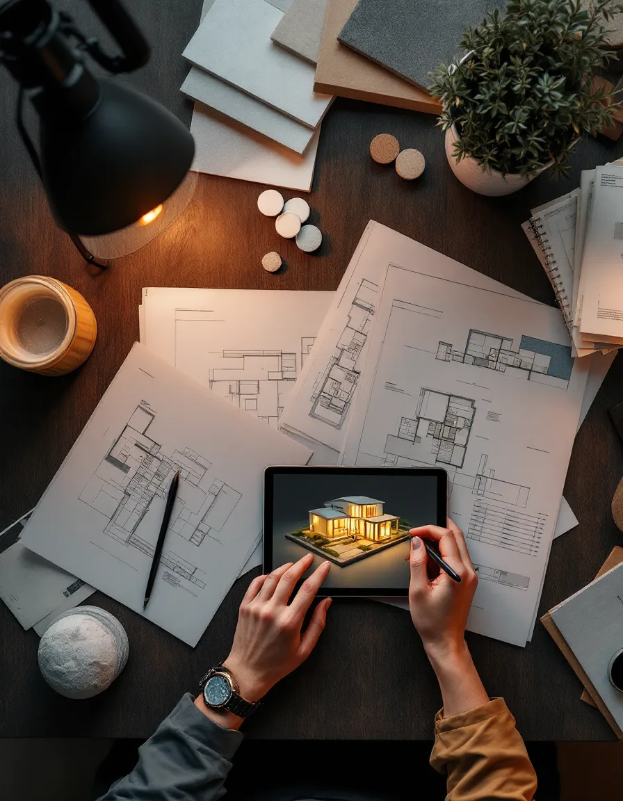 Blueprints and material samples spread on a studio desk beside a 3D wireframe model