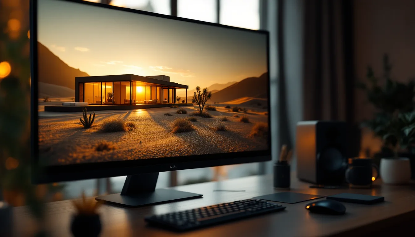A desert villa render in progress on a studio monitor, wireframe resolving into a lit final frame